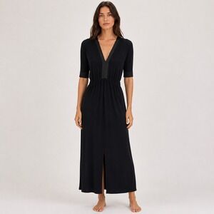 Aura Maxi Dress Black V-Neck Elastic Waist Rayon Slit Women's XS S M Minimalist